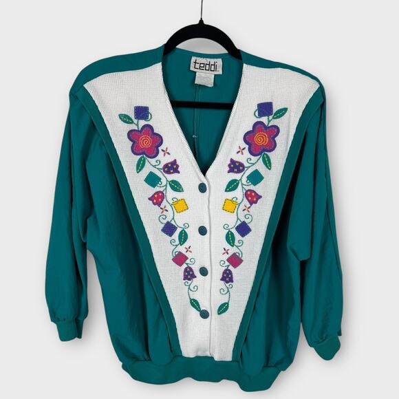 Vintage 80s Teddi Green Textured Waffle Floral Button Sweater Top Large Retro - Picture 1 of 9